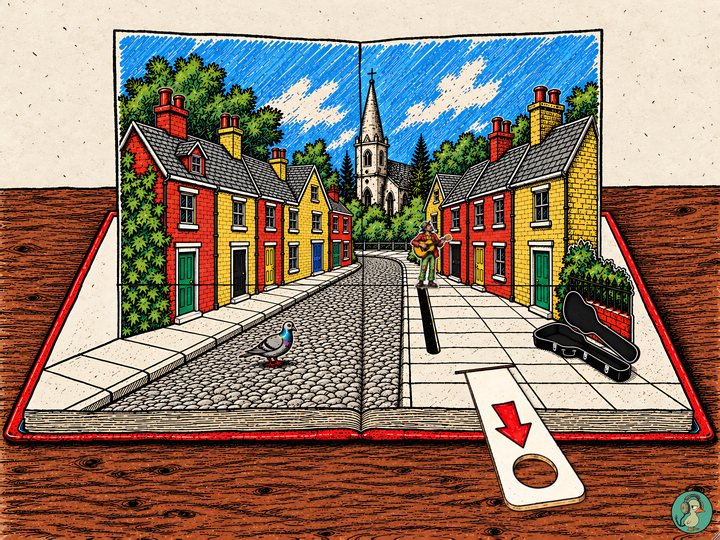 Busker: a pop-up book open on a table, a paper street of red and yellow terraced houses standing up from its pages, a church spire at the end, a busker with a guitar on the right-hand pavement, his case open beside him, a pigeon on the cobbles, and a paper pull tab in the edge of the page