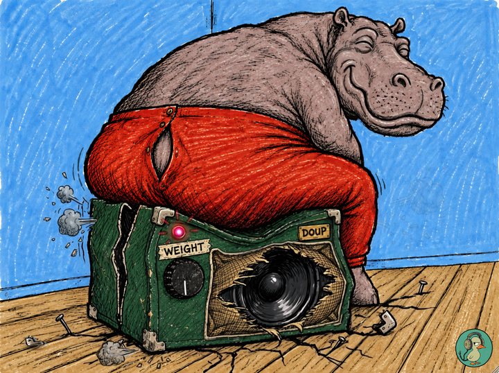 Doup: a hippo in red long johns sunk into a crushed green bass amp, its side split and its speaker torn through the grille