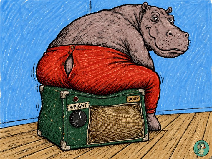 Doup: a hippo in red long johns sitting on a small green bass amp with a Weight knob and a red lamp