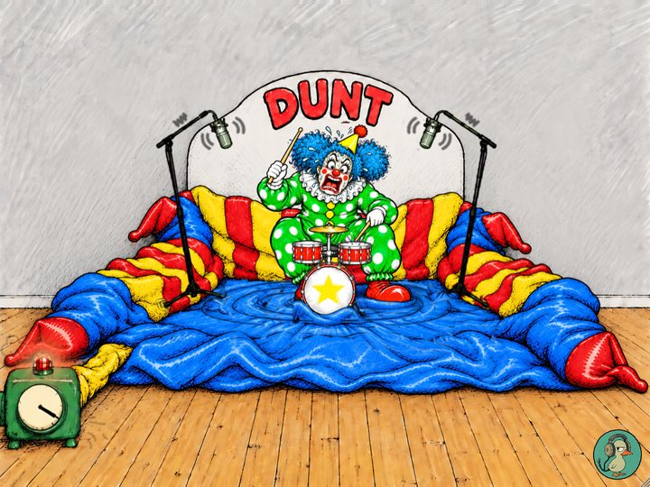 Dunt: a clown drumming a toy kit inside a bouncy castle knocked flat around her, two room mics on stands at the back, the blower's red lamp lit
