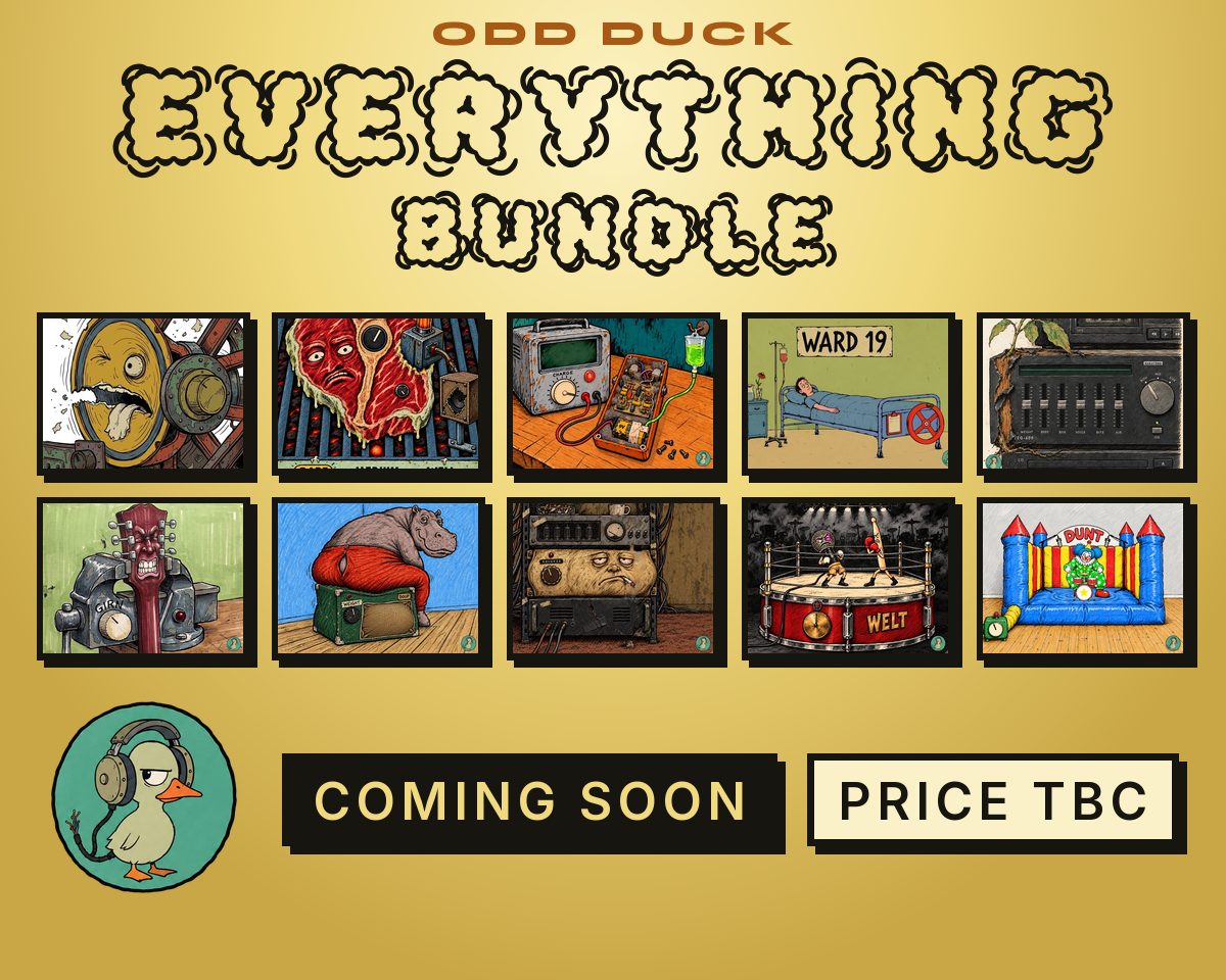 The Odd Duck Everything Bundle, coming soon, price to be confirmed: the faces of the ten released Odd Duck plugins in two rows, Torn, Sizzler, 9Volt, Trendelenburg, Nakatone TEQ-600, Girn, Doup, Stoor, Welt and Dunt, with the Odd Duck badge