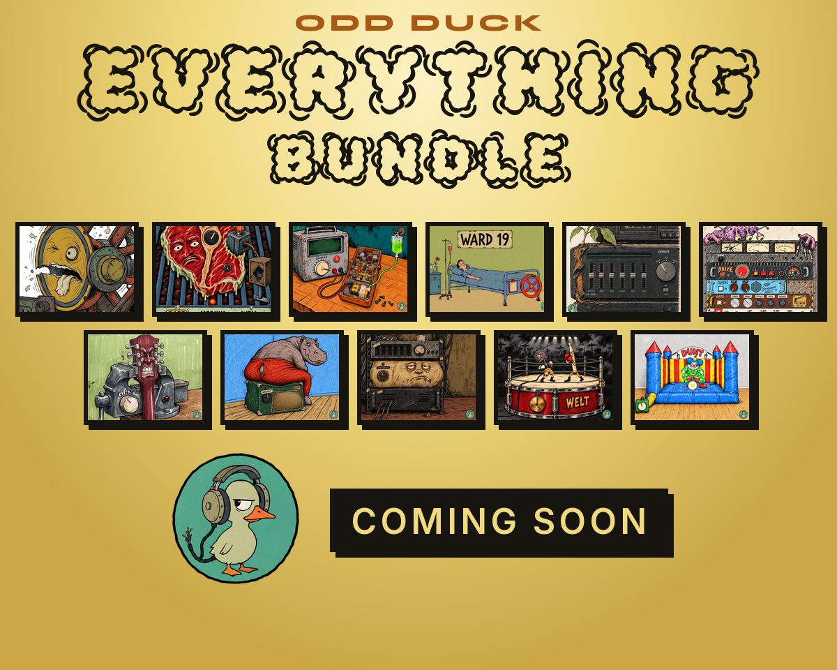 The Odd Duck Everything Bundle: the faces of eleven Odd Duck plugins in two rows, Torn, Sizzler, 9Volt, Trendelenburg, Nakatone TEQ-600, Specimen 23, Girn, Doup, Stoor, Welt and Dunt, with the Odd Duck badge