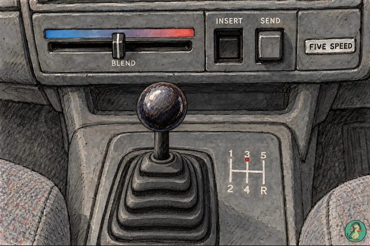 Five Speed: the dashboard and gearstick of an old hatchback, a blue-to-red BLEND slider, INSERT and SEND buttons, a FIVE SPEED badge, and a round black gear knob above its rubber boot beside the printed H of gears