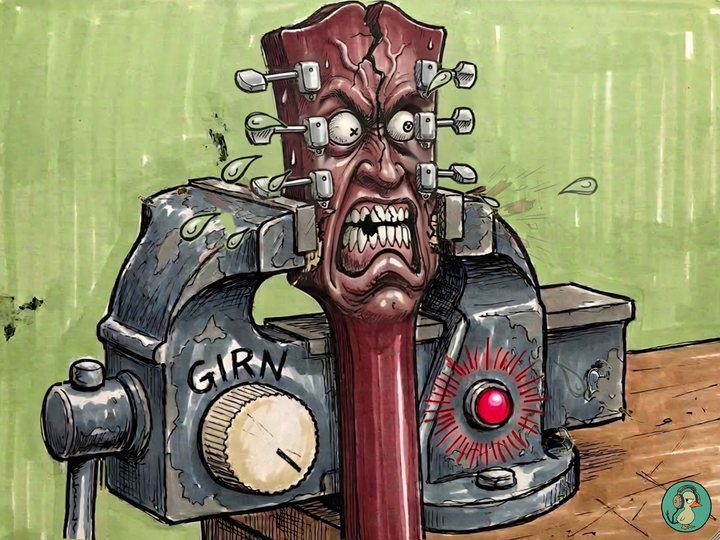 Girn: a guitar headstock carved into a snarling face, cracked and bug-eyed in a bench vice, sweat and splinters flying, its lamp blazing