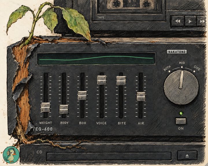 Nakatone TEQ-600: an old hi-fi stack with a sapling growing out of its torn teak side