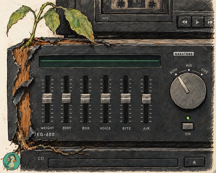 Nakatone TEQ-600: an old hi-fi stack with a sapling growing out of its torn teak side