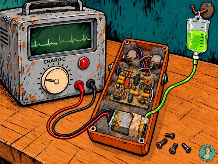 9Volt: a battered orange fuzz pedal open on a workbench, its 9V battery on a drip bag and wired to an old heart monitor with a CHARGE dial