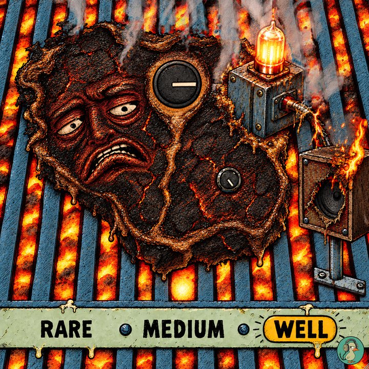 Sizzler: a face cooking on a grill over hot coals, with a valve and a small burning speaker beside it