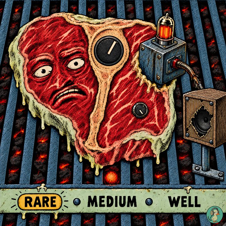 Sizzler: a face cooking on a grill over hot coals, with a valve and a small burning speaker beside it