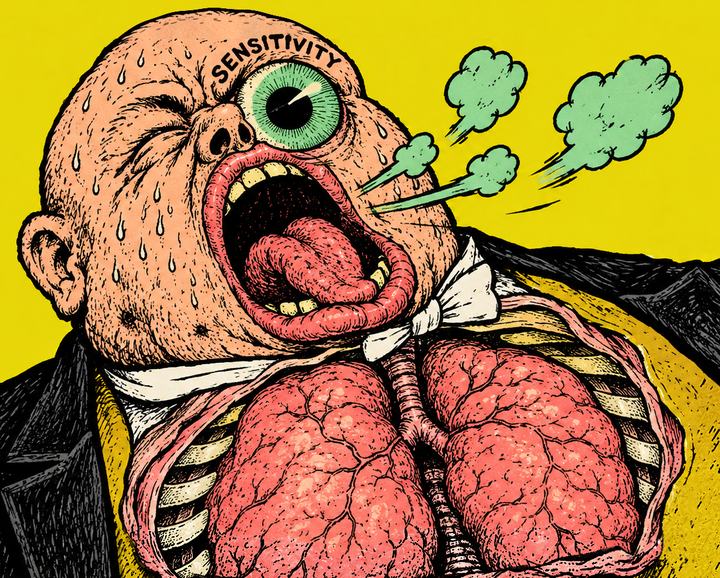 Gasp: a sweating bald man in a black jacket, head thrown back and gasping, one wide green eye with SENSITIVITY lettered over it, green puffs of breath leaving his open mouth, and his chest opened on a pair of pink lungs behind a white bow tie