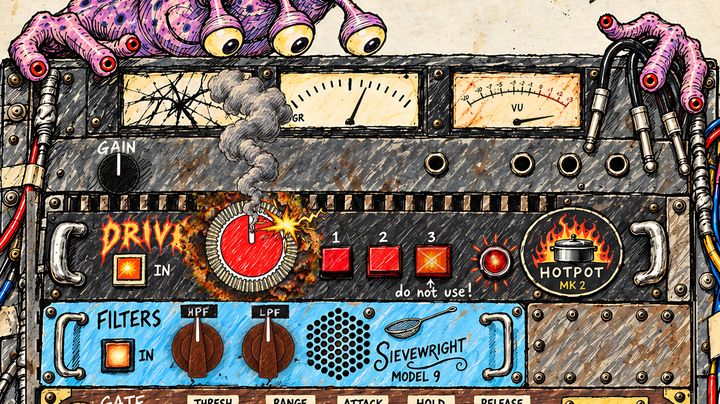 Specimen 23: a purple, spotted alien's three yellow eyes on stalks and red-tipped hands gripping the top of an old rack; below them a meter bridge, one meter's glass cracked and the GR and VU needles swinging, the DRIVE unit scorched and burning, its red knob smoking and throwing sparks, and the blue FILTERS unit underneath