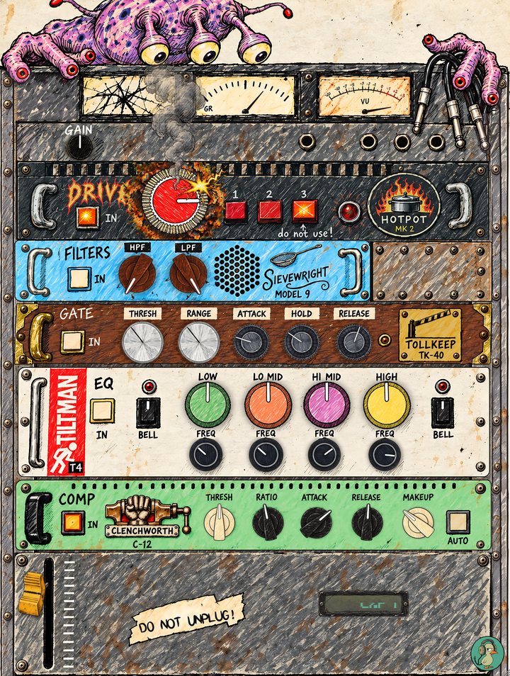 Specimen 23: a purple, spotted alien with three eyes on stalks lying across a homemade rack of five units; the DRIVE unit scorched, sparking and smoking, the GR and VU needles swinging