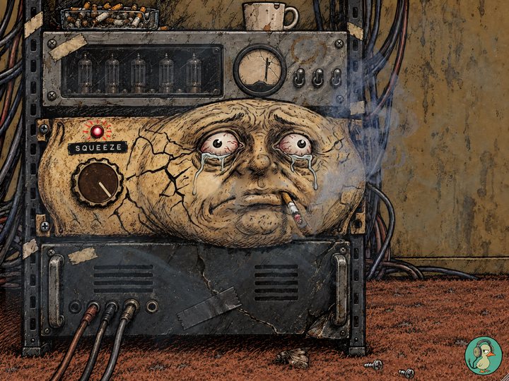 Stoor: a cheap ivory rack box flattened between a valve box and a power amp, its face cracked and weeping, its lamp lit, the smoke thick round it