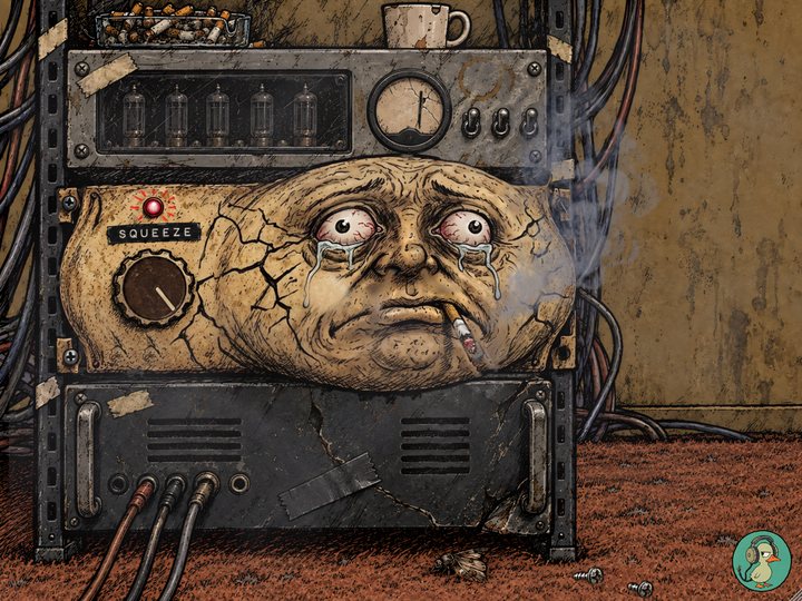 Stoor: a cheap ivory rack box flattened between a valve box and a power amp, its face cracked and weeping, its lamp lit, the smoke thick round it