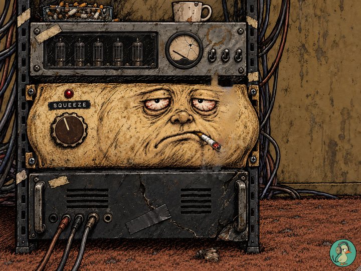 Stoor: a cheap ivory rack box with a sulky, bloodshot face, a cigarette and a Squeeze knob, squashed between a valve box and a power amp