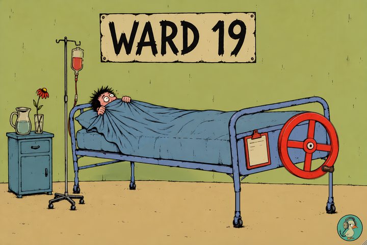 Trendelenburg: a patient in a hospital bed on Ward 19, tipped head down, the blanket pulled up to his eyes, a red crank wheel with a wooden handle at the bed's foot