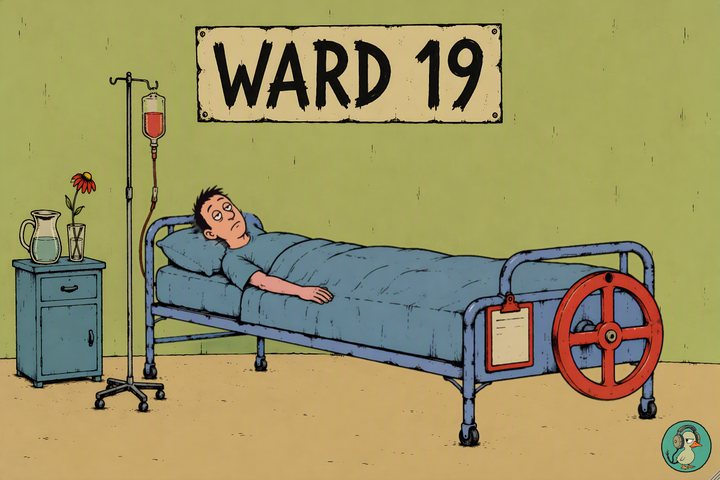 Trendelenburg: a patient in a hospital bed on Ward 19, a red crank wheel at its foot and a drip stand at its head