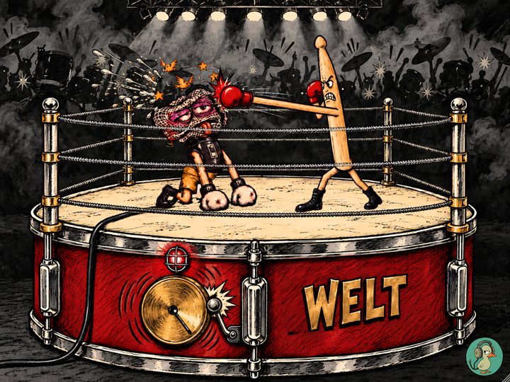 Welt: a drumstick boxer landing a punch on a battered microphone boxer in a ring built on a snare drum, spit flying, the crowd roaring and the brass ring bell clanging